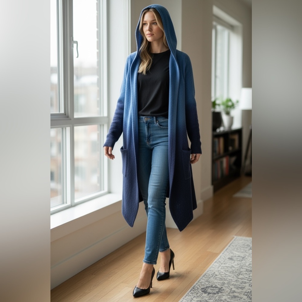 Venus Ombre Hooded Longline Open Front Cardigan Duster Pocket Sweater Blue XS - Picture 3 of 7